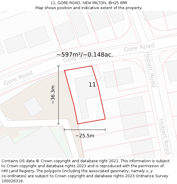 11, GORE ROAD, NEW MILTON, BH25 6RR: Plot and title map