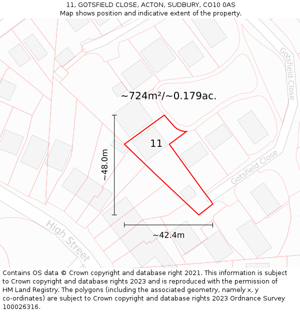 11, GOTSFIELD CLOSE, ACTON, SUDBURY, CO10 0AS: Plot and title map
