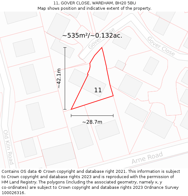 11, GOVER CLOSE, WAREHAM, BH20 5BU: Plot and title map
