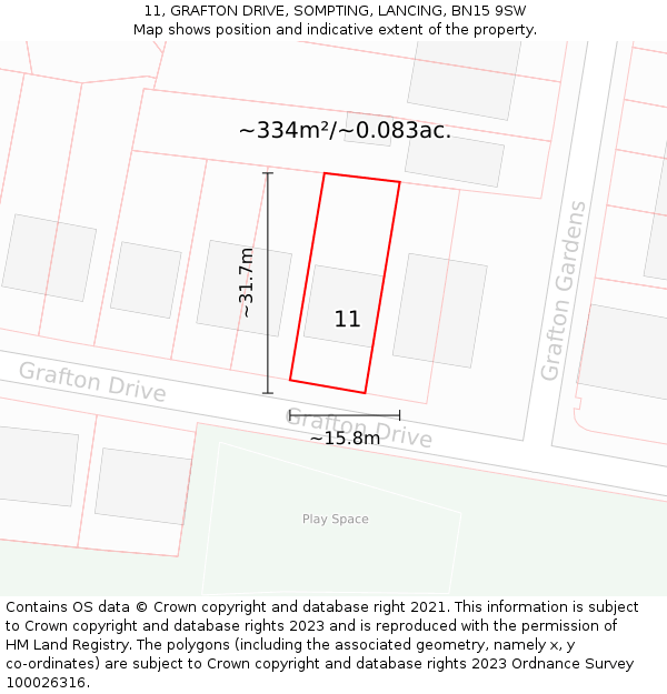 11, GRAFTON DRIVE, SOMPTING, LANCING, BN15 9SW: Plot and title map