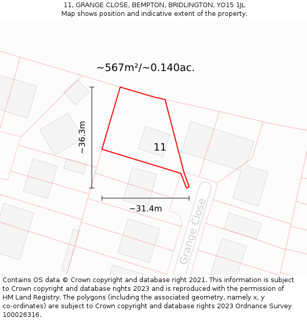 11, GRANGE CLOSE, BEMPTON, BRIDLINGTON, YO15 1JL: Plot and title map