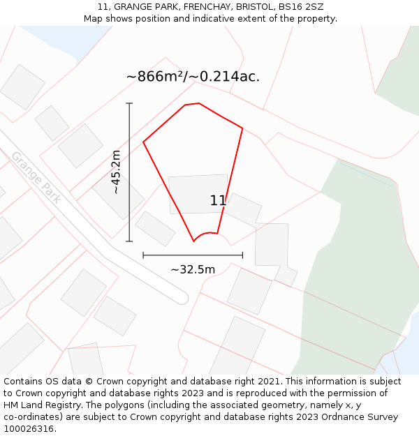 11, GRANGE PARK, FRENCHAY, BRISTOL, BS16 2SZ: Plot and title map