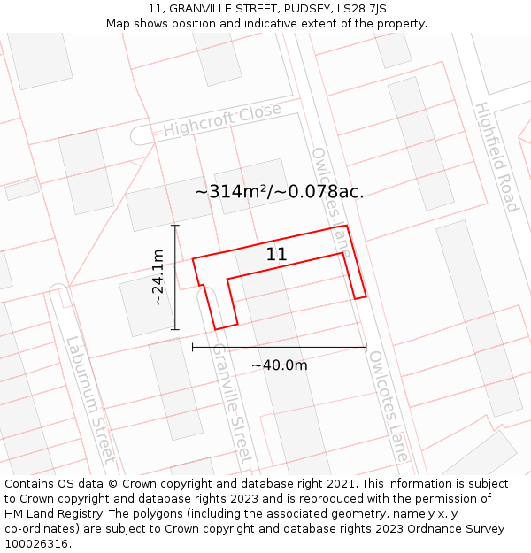 11, GRANVILLE STREET, PUDSEY, LS28 7JS: Plot and title map