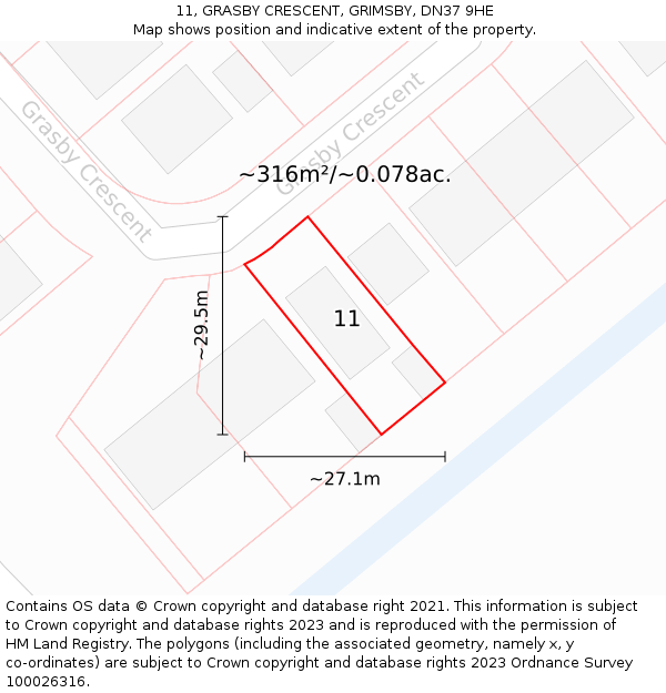 11, GRASBY CRESCENT, GRIMSBY, DN37 9HE: Plot and title map