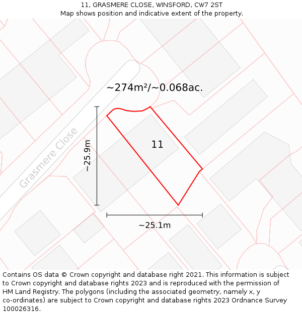 11, GRASMERE CLOSE, WINSFORD, CW7 2ST: Plot and title map