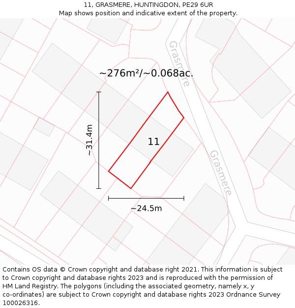 11, GRASMERE, HUNTINGDON, PE29 6UR: Plot and title map