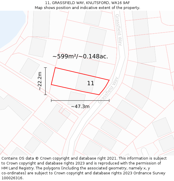 11, GRASSFIELD WAY, KNUTSFORD, WA16 9AF: Plot and title map