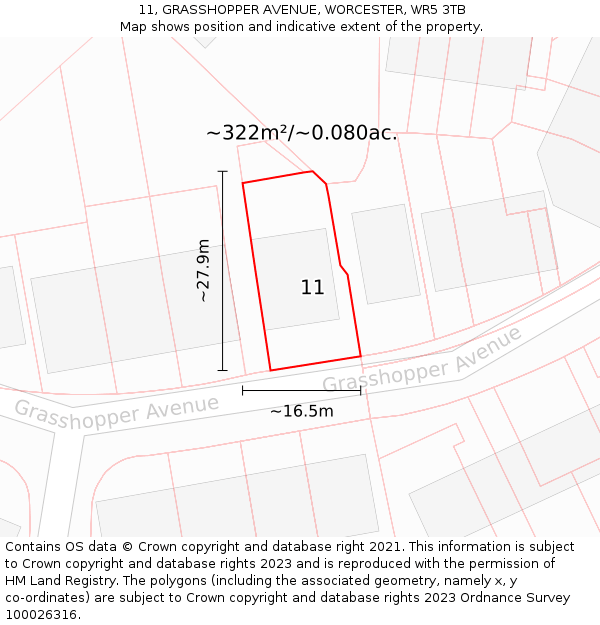 11, GRASSHOPPER AVENUE, WORCESTER, WR5 3TB: Plot and title map