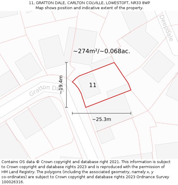 11, GRATTON DALE, CARLTON COLVILLE, LOWESTOFT, NR33 8WP: Plot and title map