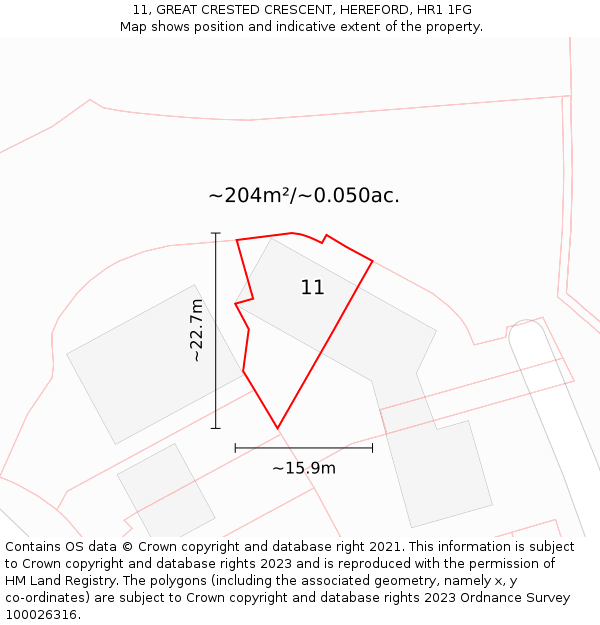 11, GREAT CRESTED CRESCENT, HEREFORD, HR1 1FG: Plot and title map