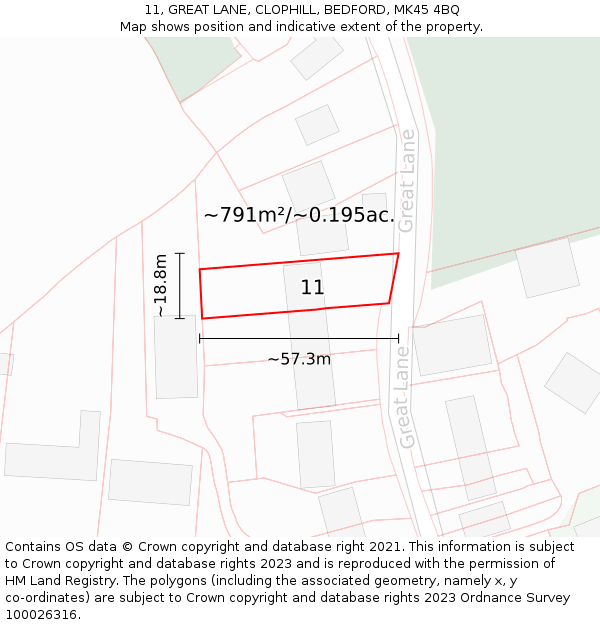 11, GREAT LANE, CLOPHILL, BEDFORD, MK45 4BQ: Plot and title map