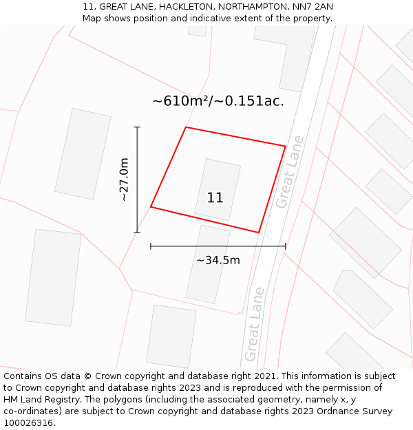 11, GREAT LANE, HACKLETON, NORTHAMPTON, NN7 2AN: Plot and title map