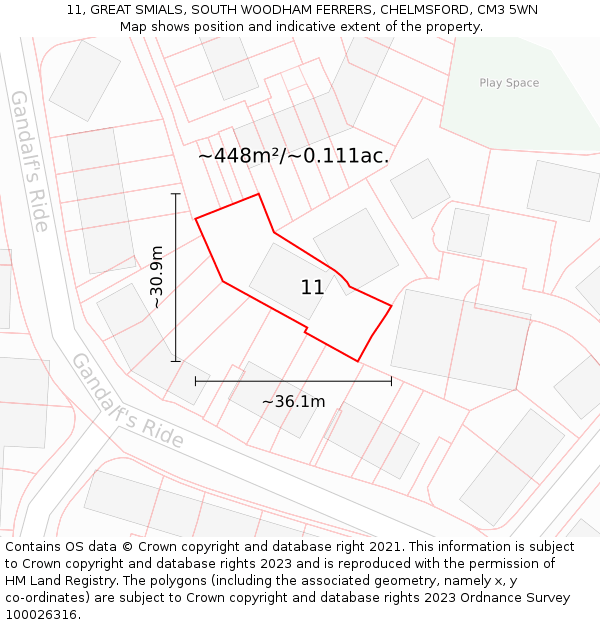 11, GREAT SMIALS, SOUTH WOODHAM FERRERS, CHELMSFORD, CM3 5WN: Plot and title map