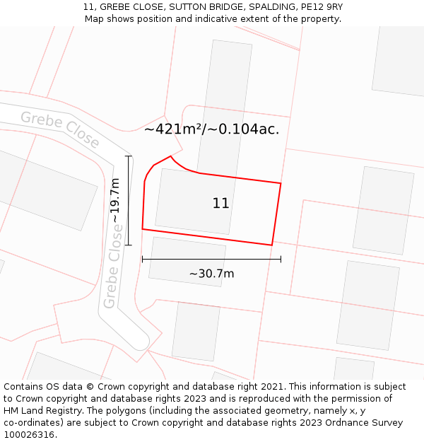 11, GREBE CLOSE, SUTTON BRIDGE, SPALDING, PE12 9RY: Plot and title map