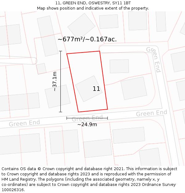 11, GREEN END, OSWESTRY, SY11 1BT: Plot and title map