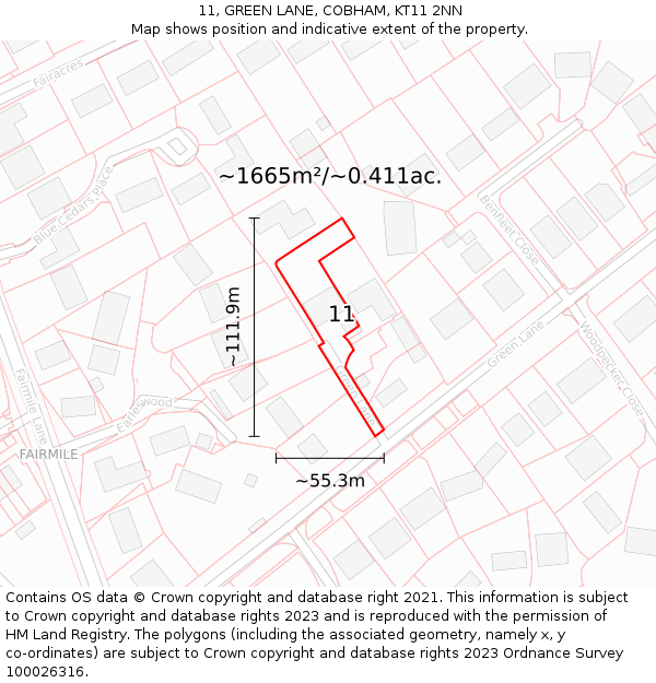 11, GREEN LANE, COBHAM, KT11 2NN: Plot and title map