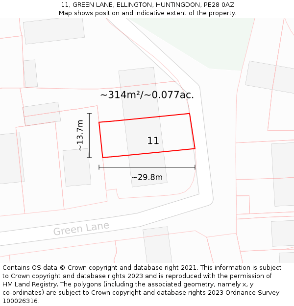 11, GREEN LANE, ELLINGTON, HUNTINGDON, PE28 0AZ: Plot and title map