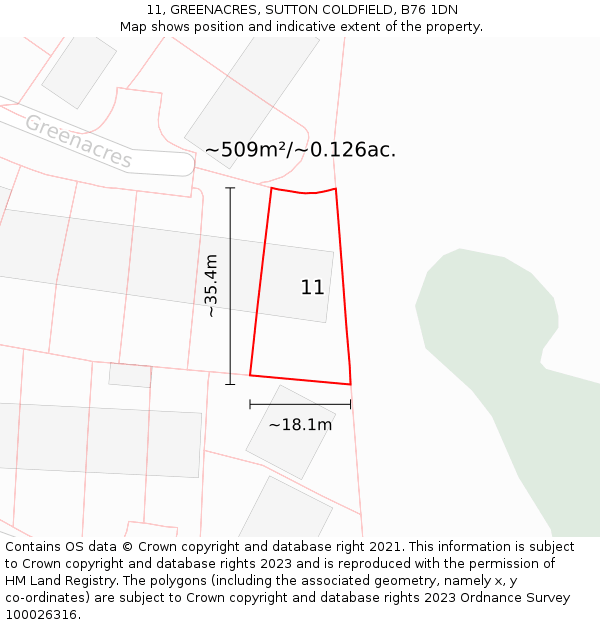 11, GREENACRES, SUTTON COLDFIELD, B76 1DN: Plot and title map