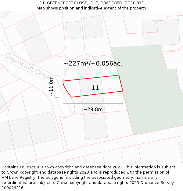 11, GREENCROFT CLOSE, IDLE, BRADFORD, BD10 8XD: Plot and title map