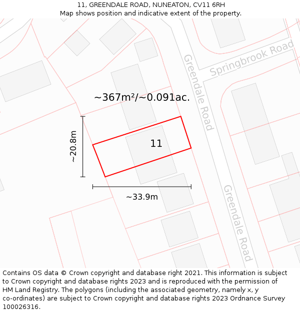 11, GREENDALE ROAD, NUNEATON, CV11 6RH: Plot and title map