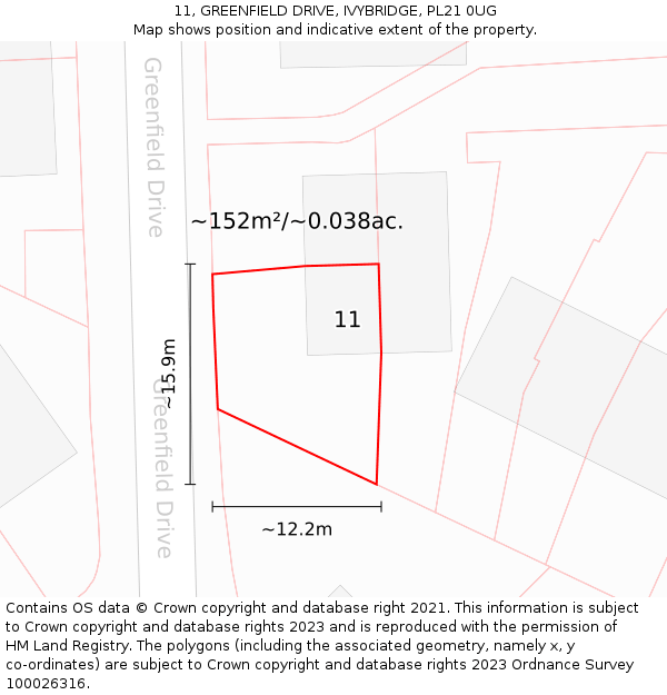 11, GREENFIELD DRIVE, IVYBRIDGE, PL21 0UG: Plot and title map