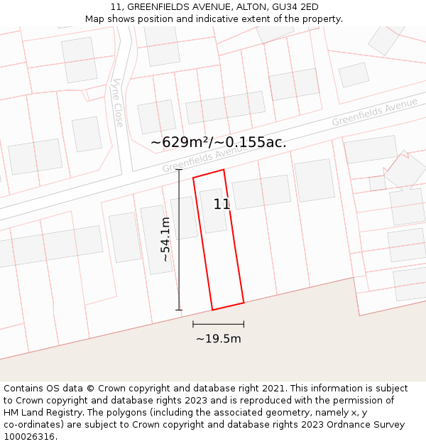 11, GREENFIELDS AVENUE, ALTON, GU34 2ED: Plot and title map