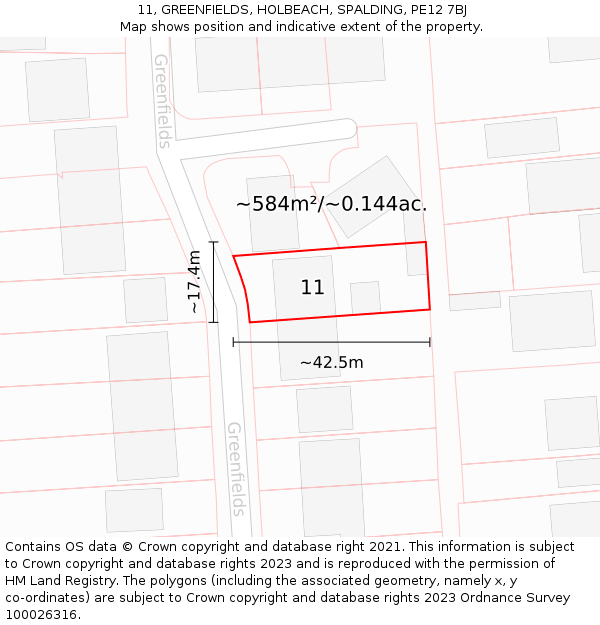 11, GREENFIELDS, HOLBEACH, SPALDING, PE12 7BJ: Plot and title map