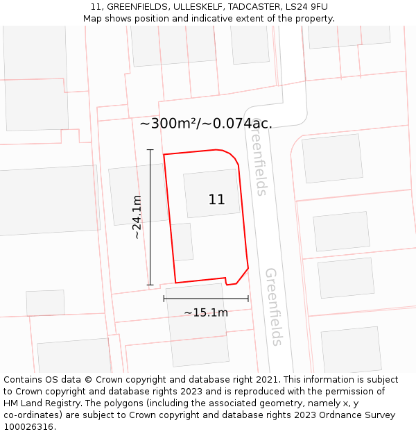 11, GREENFIELDS, ULLESKELF, TADCASTER, LS24 9FU: Plot and title map