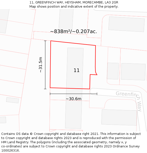 11, GREENFINCH WAY, HEYSHAM, MORECAMBE, LA3 2GR: Plot and title map