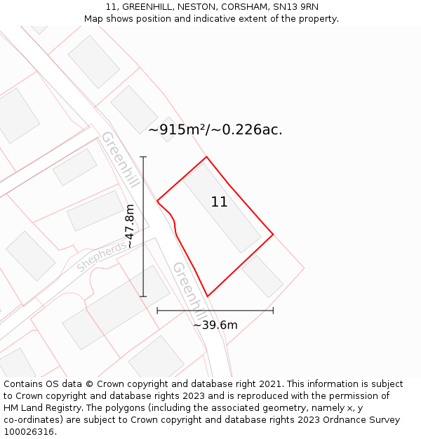 11, GREENHILL, NESTON, CORSHAM, SN13 9RN: Plot and title map