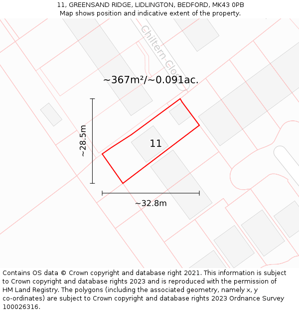 11, GREENSAND RIDGE, LIDLINGTON, BEDFORD, MK43 0PB: Plot and title map