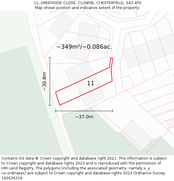 11, GREENSIDE CLOSE, CLOWNE, CHESTERFIELD, S43 4PX: Plot and title map