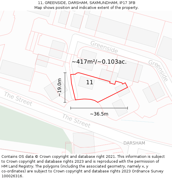 11, GREENSIDE, DARSHAM, SAXMUNDHAM, IP17 3FB: Plot and title map