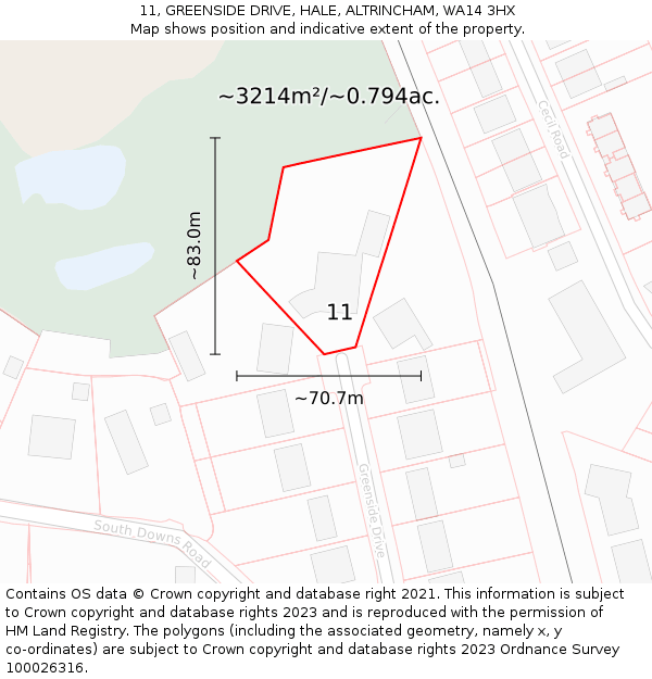 11, GREENSIDE DRIVE, HALE, ALTRINCHAM, WA14 3HX: Plot and title map