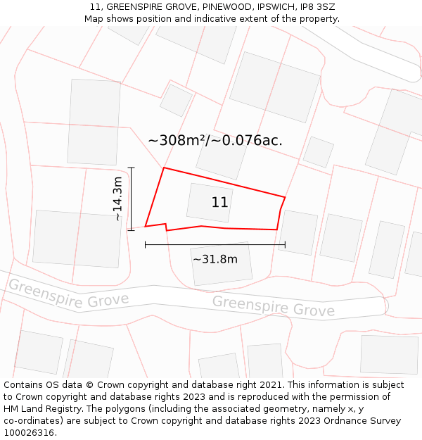 11, GREENSPIRE GROVE, PINEWOOD, IPSWICH, IP8 3SZ: Plot and title map