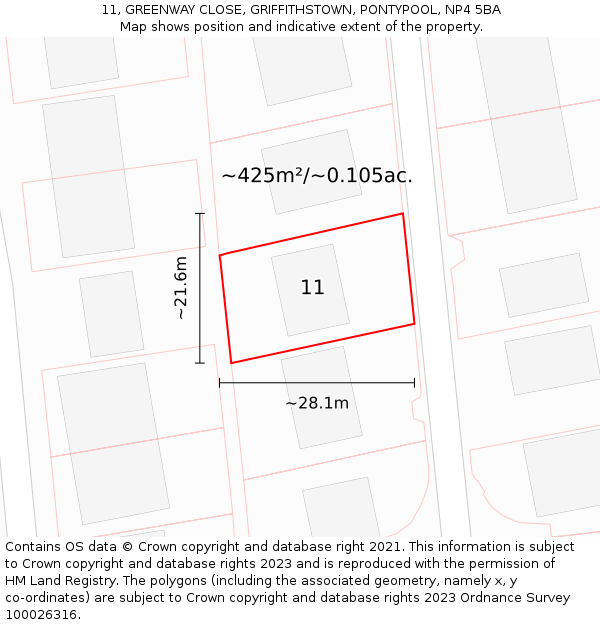 11, GREENWAY CLOSE, GRIFFITHSTOWN, PONTYPOOL, NP4 5BA: Plot and title map