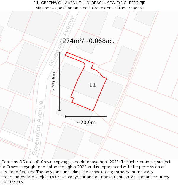 11, GREENWICH AVENUE, HOLBEACH, SPALDING, PE12 7JF: Plot and title map