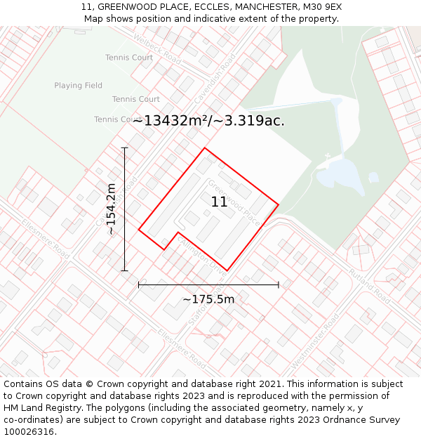 11, GREENWOOD PLACE, ECCLES, MANCHESTER, M30 9EX: Plot and title map
