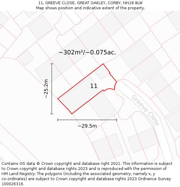 11, GREEVE CLOSE, GREAT OAKLEY, CORBY, NN18 8LW: Plot and title map