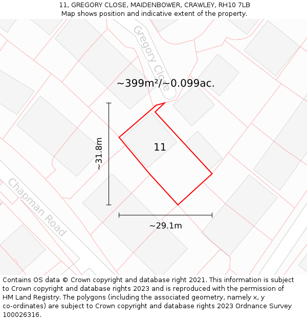 11, GREGORY CLOSE, MAIDENBOWER, CRAWLEY, RH10 7LB: Plot and title map