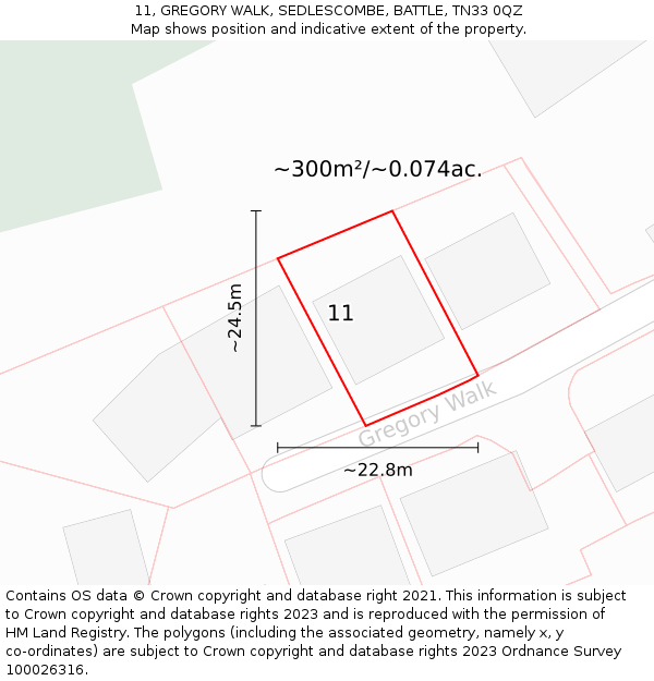 11, GREGORY WALK, SEDLESCOMBE, BATTLE, TN33 0QZ: Plot and title map