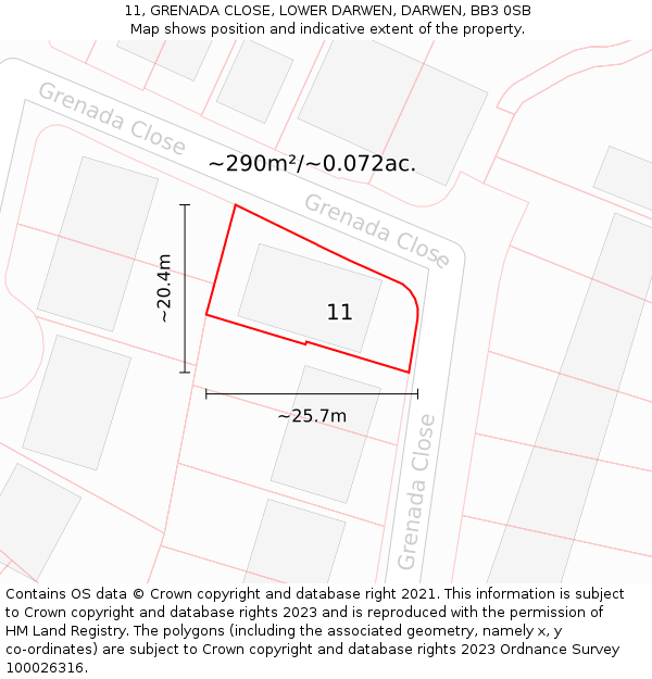 11, GRENADA CLOSE, LOWER DARWEN, DARWEN, BB3 0SB: Plot and title map