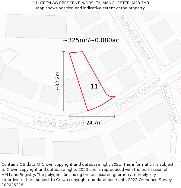 11, GREYLAG CRESCENT, WORSLEY, MANCHESTER, M28 7AB: Plot and title map