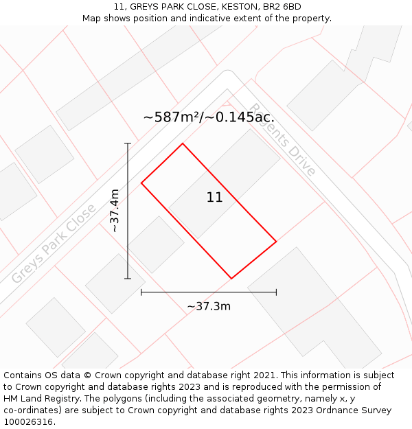 11, GREYS PARK CLOSE, KESTON, BR2 6BD: Plot and title map