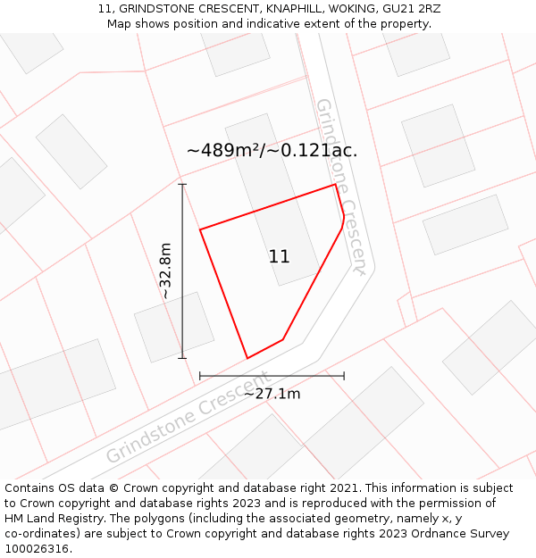 11, GRINDSTONE CRESCENT, KNAPHILL, WOKING, GU21 2RZ: Plot and title map