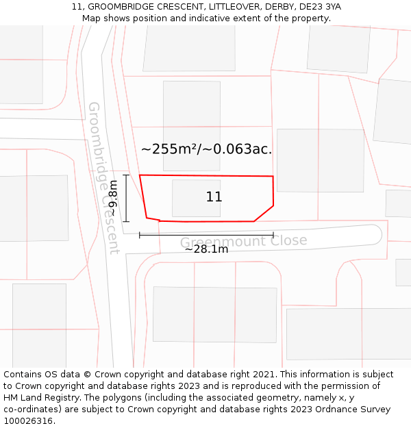 11, GROOMBRIDGE CRESCENT, LITTLEOVER, DERBY, DE23 3YA: Plot and title map