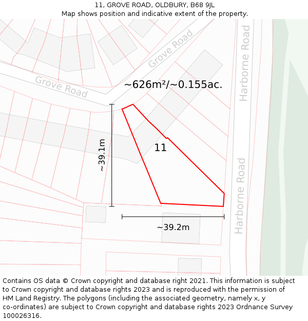 11, GROVE ROAD, OLDBURY, B68 9JL: Plot and title map