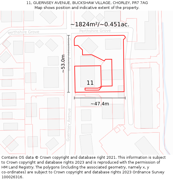 11, GUERNSEY AVENUE, BUCKSHAW VILLAGE, CHORLEY, PR7 7AG: Plot and title map