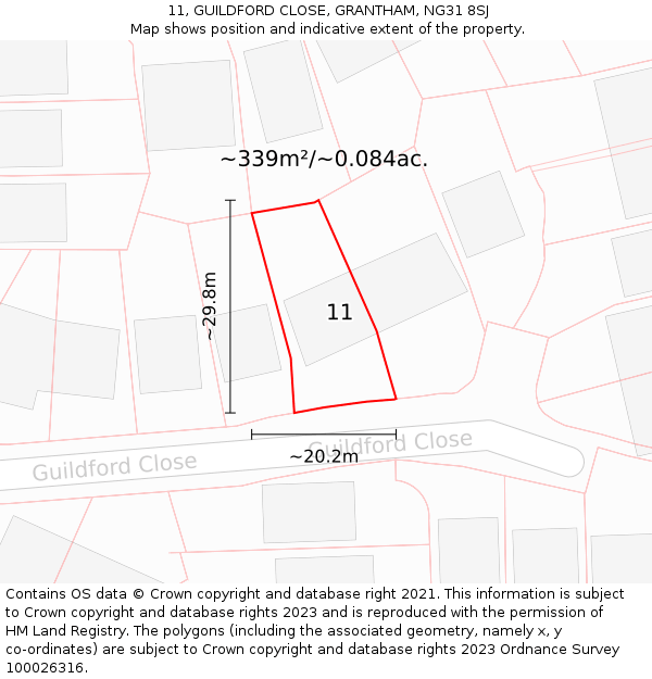 11, GUILDFORD CLOSE, GRANTHAM, NG31 8SJ: Plot and title map