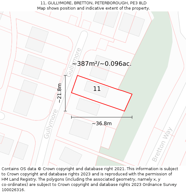 11, GULLYMORE, BRETTON, PETERBOROUGH, PE3 8LD: Plot and title map